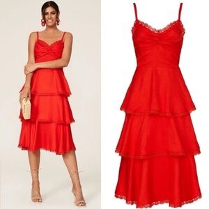 Marchesa Notte- Red Sweetheart Neck Tiered Layered Sleeveless Midi Dress Size 8